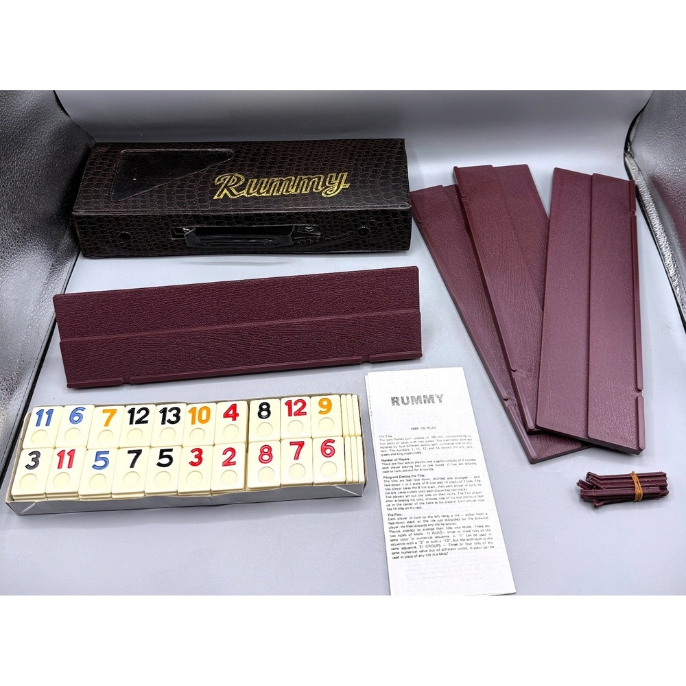 Vintage Rummy Tile Game Set Complete 106 Tiles 4 Racks Faux Croc Case Brown